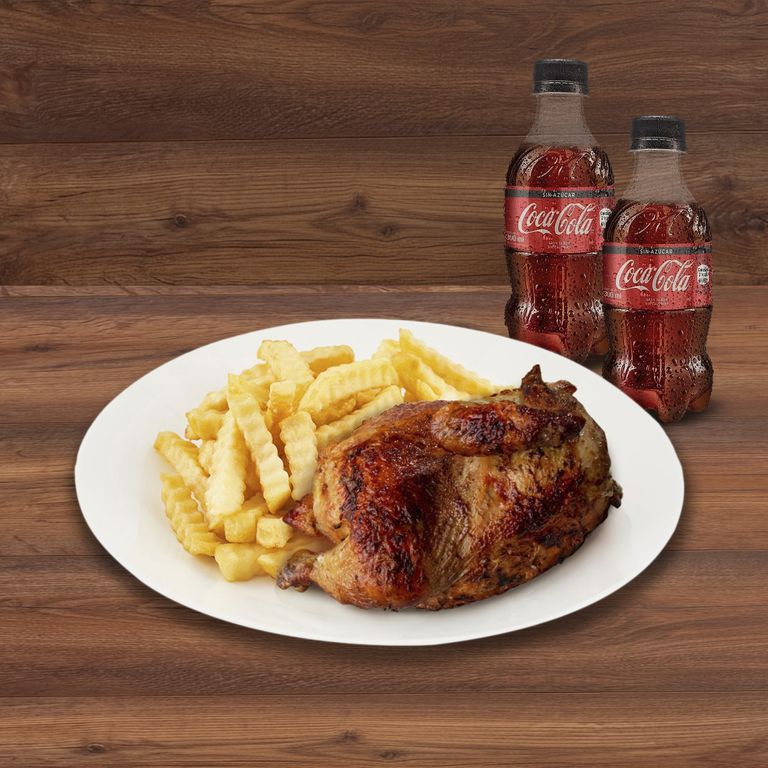 1/2 Pollo Rostizado Tottus + Papas + 2 Gaseosas Coca Cola 300 Ml