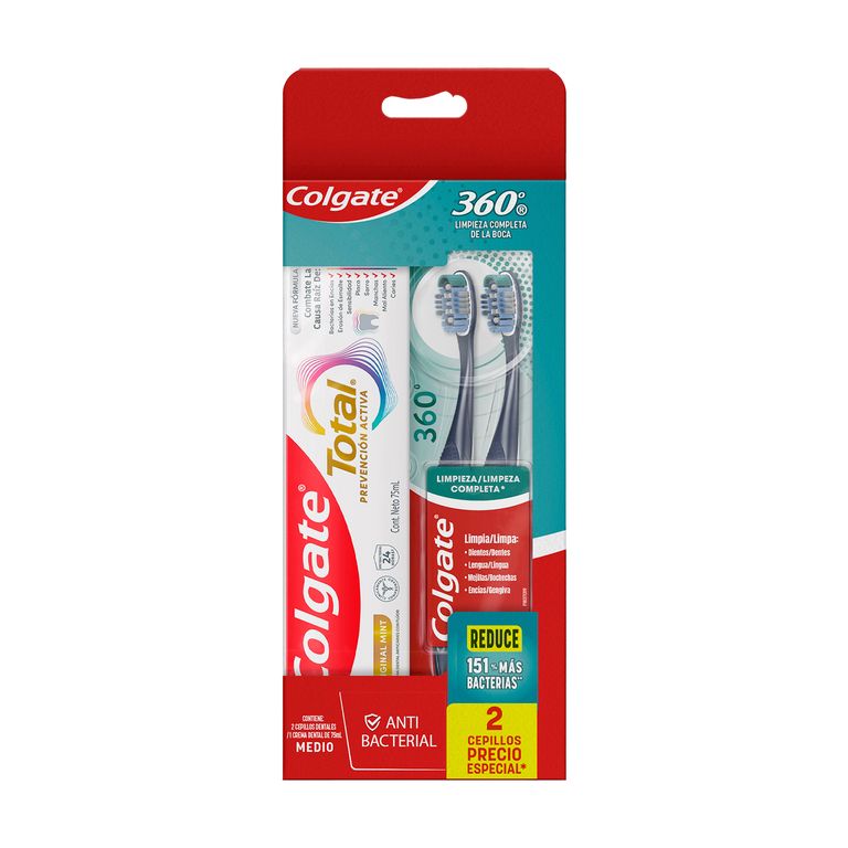 Pack Colgate Crema Dental Total Original 75 mL + 2 Cepillos 360