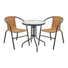 undefined - Combo Mesa Metal Con Vidrio y 2 Sillas Ratan Natural