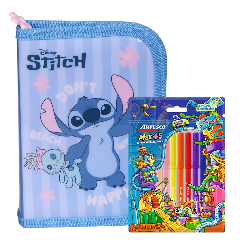 Cartuchera Tipo Libro Promocional + Plumones Stitch