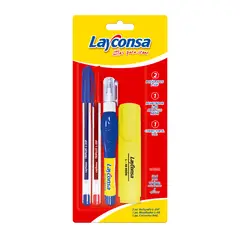 LAYCONSA - Pack 2 Bolígrafos Azul/Rojo + Resaltador Neón Amarillo + Corrector