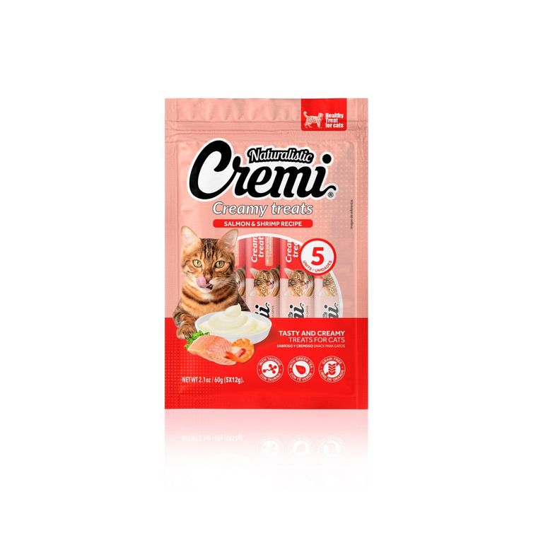 Snack Húmedo para Gatos Naturalistic Cremi Salmón y Camarón Bolsa 5 Und