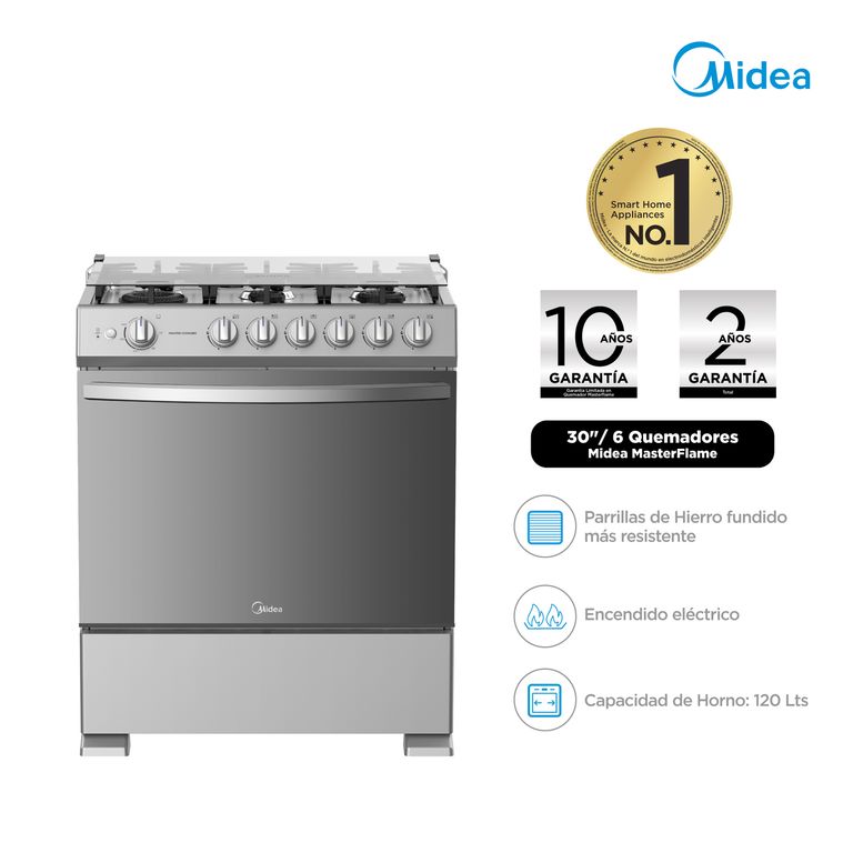 Cocina a Gas Midea MGS30TL6G-PE 30 Pulgadas 6 Quemadores Acero Inox