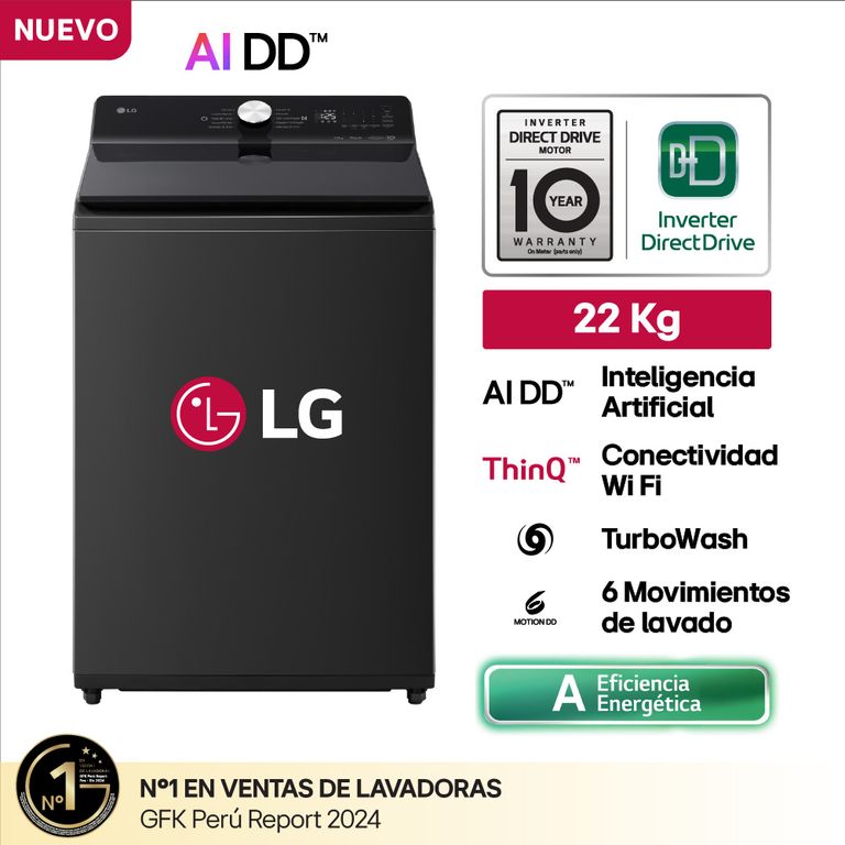 Lavadora WT22OBTX 22 Kg AI DD Inteligencia Artificial Carga Superior Onyx Negro LG