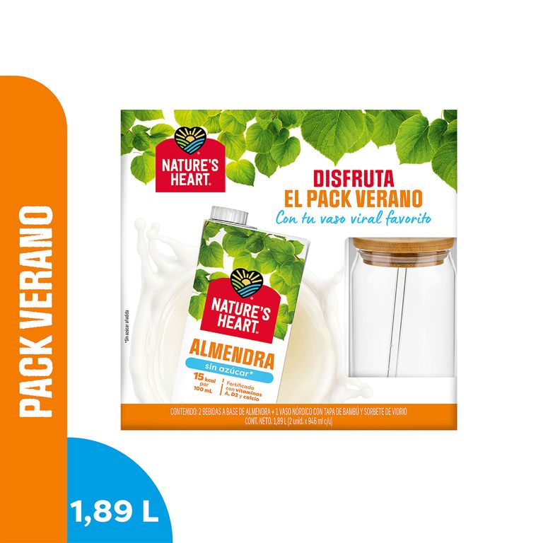 Bebida de Almendra Sin Azúcar Nature Heart Pack 2 Botellas 946 mL + Vaso
