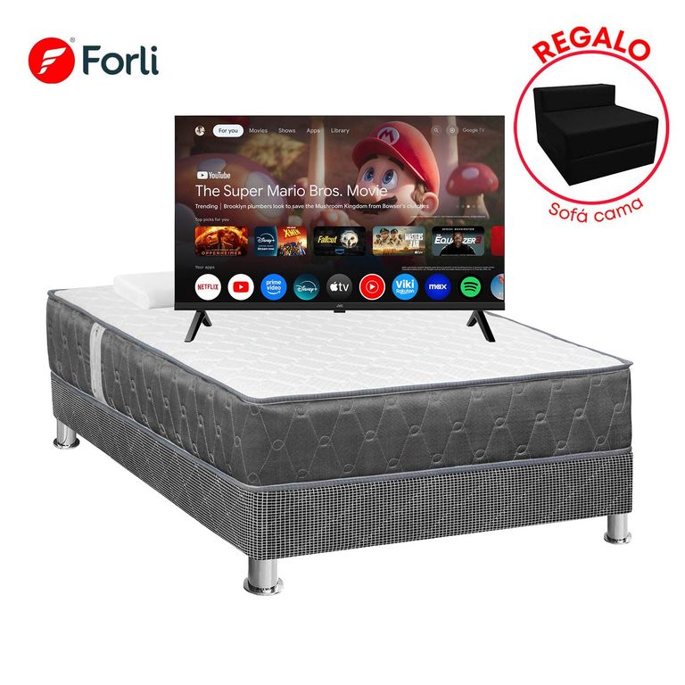 Combo Cama Acqua 2 Plazas + TV 32" JVC QLED HD + Sofa Cama + 2 Almohadas