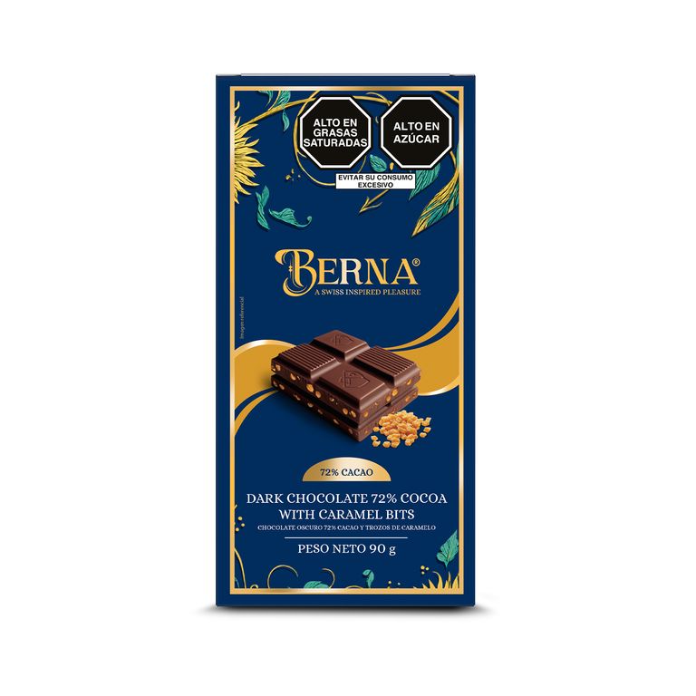 Tableta de Chocolate Bitter 72% con Trozos de Caramelo Berna Caja 90 g