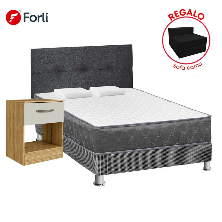 Combo Dormitorio Acqua 2 Plazas + Mesa de Noche + Sofa Cama + 2 Almohadas