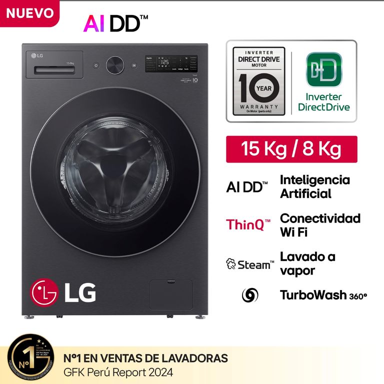 LAVADORA WD15EBNTSPG NEGRO MATE LG