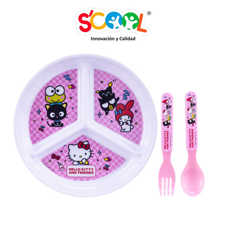 Set Plato con Divisiones + Cubiertos Infantil Sanrio Hello Kitty 2 Piezas